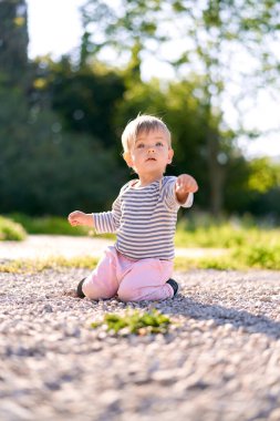 Küçük çocuk parkta bir çakıl yolunda dizlerinin üzerinde oturuyor.