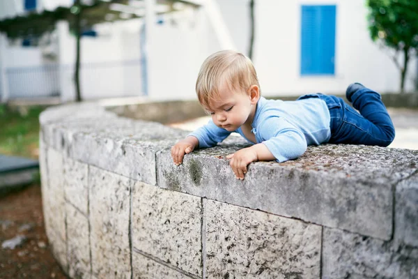Anak itu melihat ke belakang pagar batu di halaman, berbaring di atasnya — Stok Foto