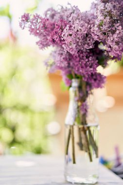 Leylak buketi balkondaki bir şişede duruyor.