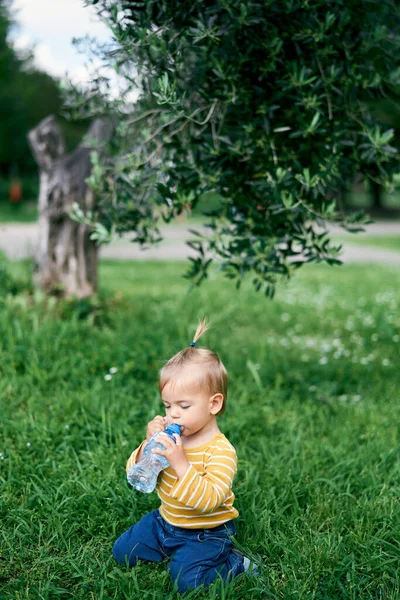 少女は膝の上に緑の芝生に座ってボトルから水を飲む — ストック写真