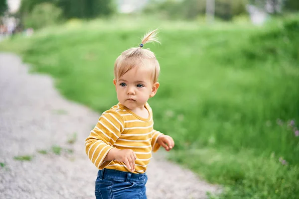 Little girl stands, turned sideways, on the path in the park. Close-up. Portrait — Stock Photo, Image