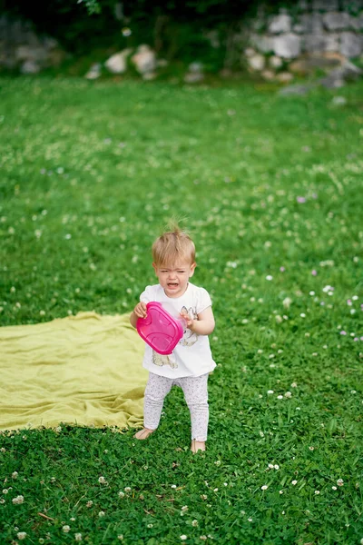 Criança choramingando fica em um gramado verde e segura um recipiente de comida de plástico em suas mãos — Fotografia de Stock