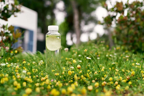 Fles water met een schijfje citroen binnen staat op een groene weide tussen wilde bloemen — Stockfoto