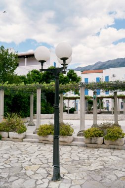 Yeşil bir verandanın arka planına, bir eve ve küvette çalılara karşı fener.