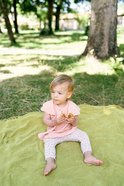 Ragazzina si siede su una coperta su un prato verde e mangia un pancake — Foto Stock