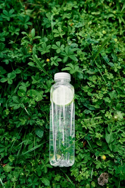 Fles water met een schijfje citroen ligt op groen blad — Stockfoto