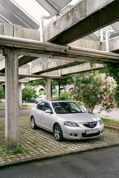 Carro estacionado em um estacionamento sob um telhado perto de um arbusto flox floração — Fotografia de Stock