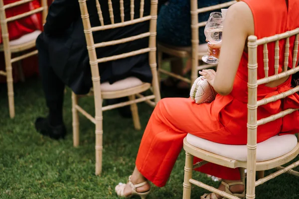 Женщина в красном костюме сидит на стуле среди гостей на газоне. Вид сзади — стоковое фото
