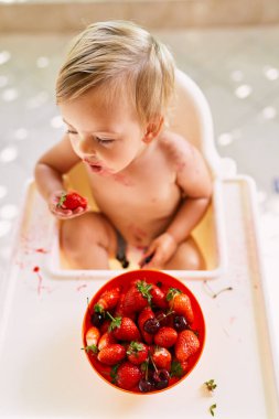 Bebek yüksek bir sandalyeye oturur ve bir kase meyveden çilek yer.