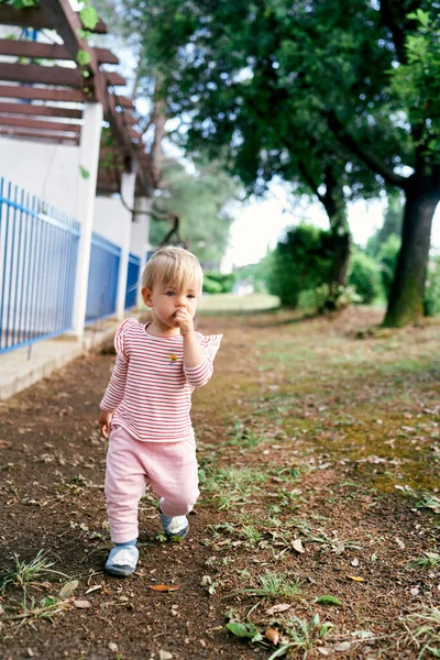 Pensive kid walks along the path past the fence near the house — Stock Photo, Image