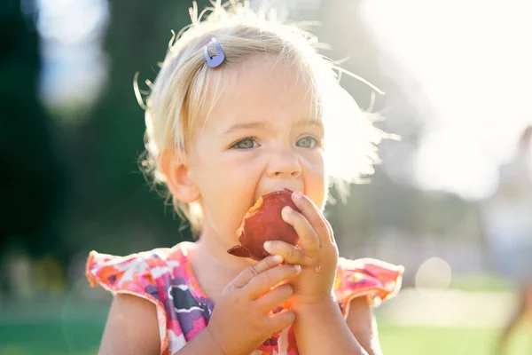 Little girl eats a peach on a green lawn holding it by hands. Portrait — Stock Photo, Image