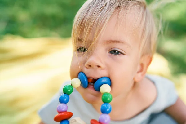 Gadis kecil dengan gelang mainan di mulutnya. Potret — Stok Foto