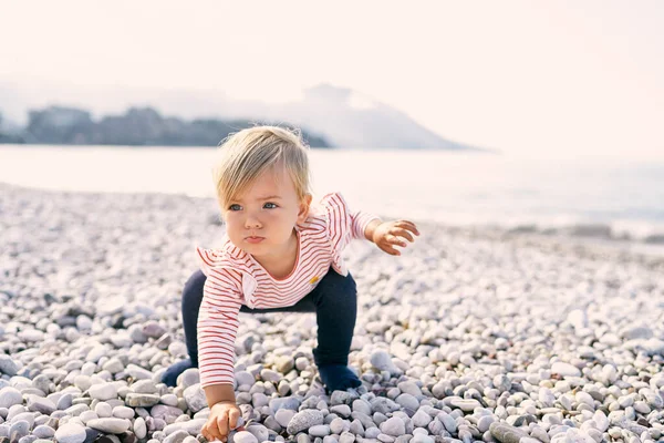 Gadis kecil berjongkok dan meraih kerikil di pantai kerikil — Stok Foto