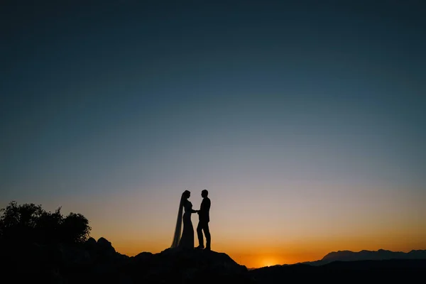 Οι σιλουέτες της νύφης και του γαμπρού στέκονται στο βουνό στο ηλιοβασίλεμα — Φωτογραφία Αρχείου