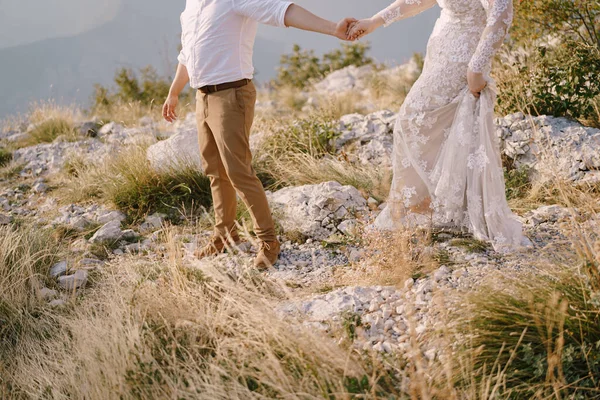 Γαμπρός και νύφη περπατούν στα βουνά κρατώντας τα χέρια — Φωτογραφία Αρχείου