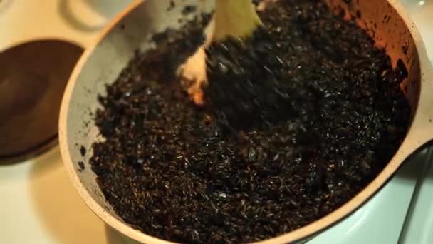 Mélanger les ingrédients du risotto noir avec une spatule dans une poêle sur la cuisinière — Video