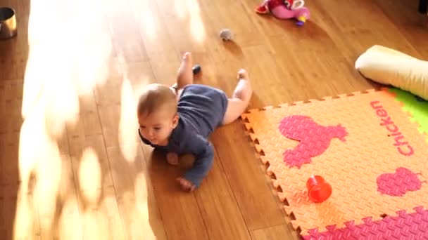 Dítě se plazí po podlaze kolem barevného koberce k gumové kachně. — Stock video