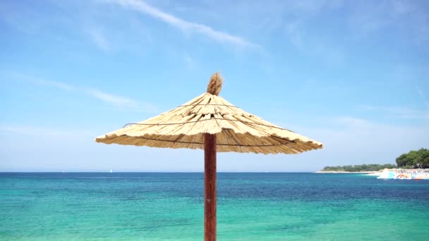 Thatched beach umbrella on the background of sandy beach and azure sea — Stock Video
