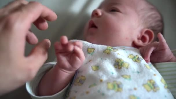 Mamá toca su dedo a los diminutos dedos de un bebé recién nacido acostado en la cama — Vídeos de Stock