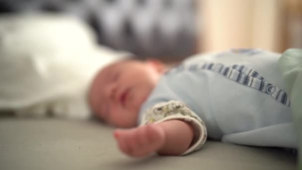 Newborn sleeping on the bed and jerking his hand in his sleep — Stock Video