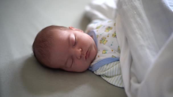 Newborn sleeping on the bed under the covers — Stock Video