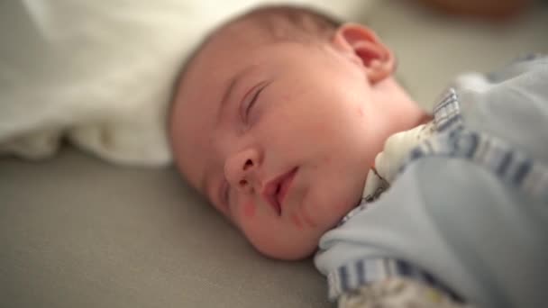 Newborn sleeps on the bed and shudders in sleep — Stock Video