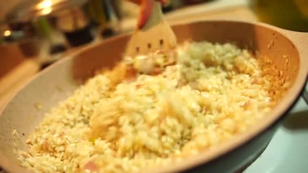 Roeren van gebakken rijst en uien met een spatel in een pan — Stockvideo