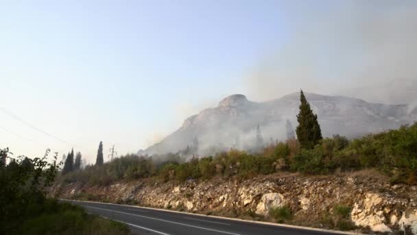 Humo de incendios forestales en las montañas sobre una carretera asfaltada — Vídeo de stock