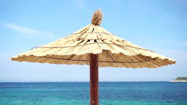 Thatched guarda-chuva praia no fundo do mar azul — Vídeo de Stock