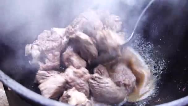 Mexendo carne guisada em um caldeirão com uma colher de fenda — Vídeo de Stock