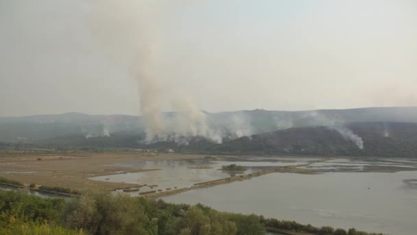 Vue du lac à un fort incendie de forêt dans les montagnes du Monténégro — Video