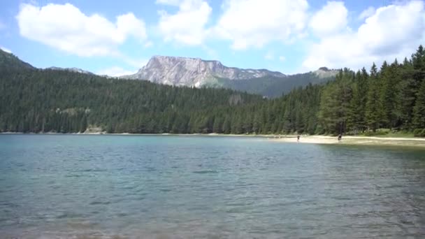 Aguas azules del Lago Negro, borde del bosque y montañas en el Parque Nacional Durmitor — Vídeos de Stock