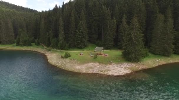 View from a drone to a gazebo in a pine forest on the shore of Black Lake — Stock Video