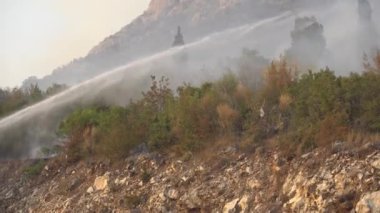 İtfaiyeciler dağlardaki bir orman yangınını söndürmek için hortum kullanırlar.