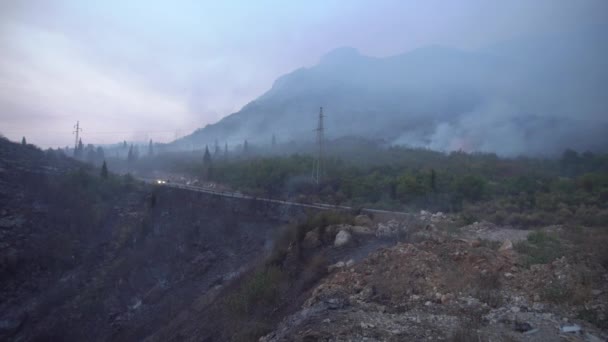 Bilar med strålkastare på kör ner en bergsväg genom skogen brand smog — Stockvideo