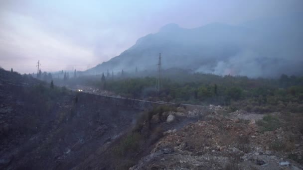 Auta s reflektory na řídit dolů horské silnici přes lesní požár smog — Stock video