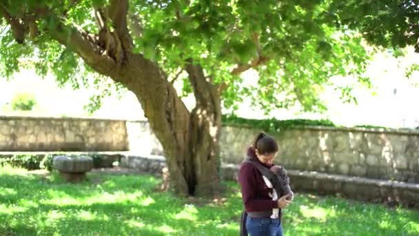 Maminka nosí novorozeně v závěsu procházející se pod stromem na zahradě — Stock video