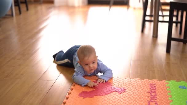 Kid kruipt op de vloer in de keuken om de multi-gekleurde tapijt — Stockvideo