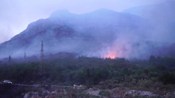Fuego y humo de un incendio forestal en las montañas de la carretera — Vídeos de Stock
