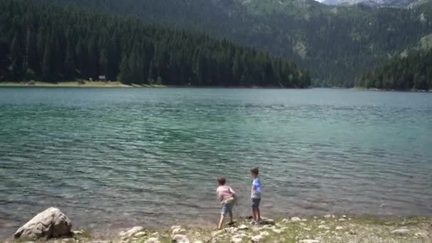 Dzieci wrzucają kamyki do wody Black Lake — Wideo stockowe