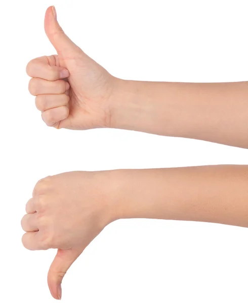 Pulgar hacia arriba y pulgar hacia abajo signos de la mano aislados en blanco — Foto de Stock