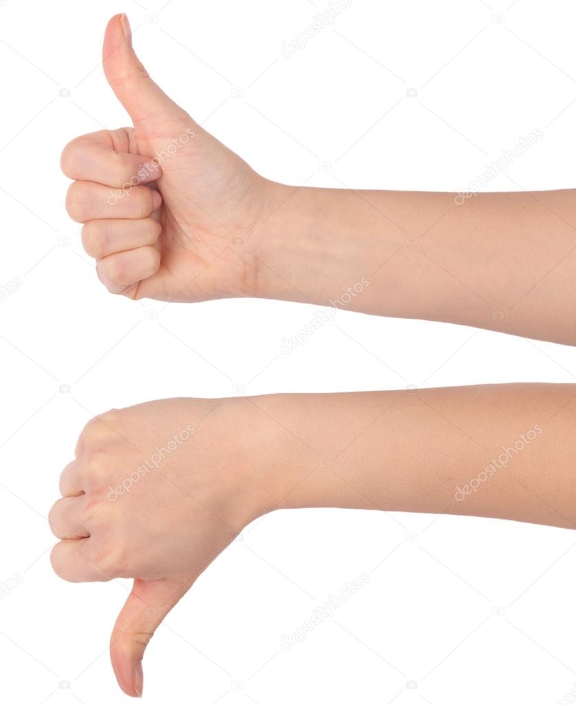 Thumb up and thumb down hand signs isolated on white