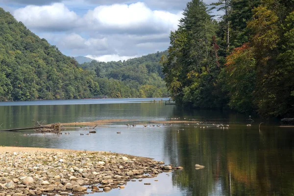 Doğanın sonbahar renkleri ağaçlarda, gölde yansımalar, mavi gökyüzü.