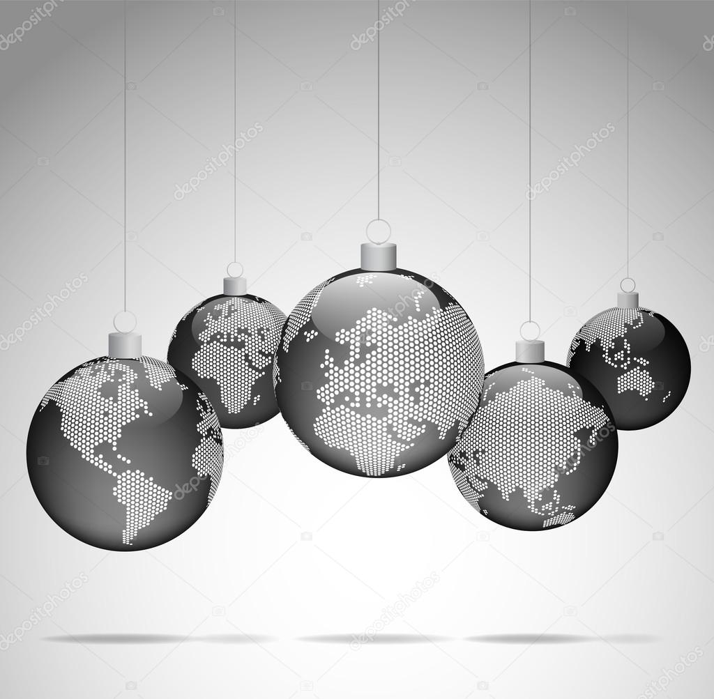 Christmas ornaments with world dotted maps - gray on black background - Christmas travel