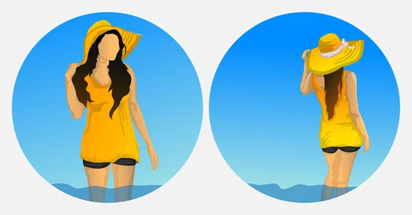 Robe jaune fille jouer sur la plage — Image vectorielle