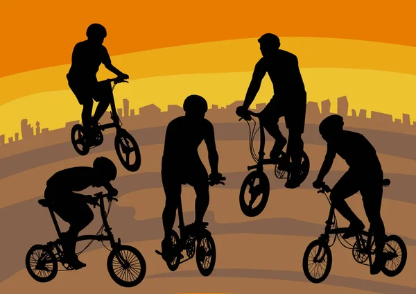 Immagine Silhouette Persone Che Giocano Bici Pieghevole — Vettoriale Stock