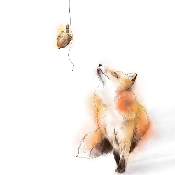 Ein Schlauer Fuchs Mit Einer Eichel Auf Weißem Hintergrund — Stockfoto
