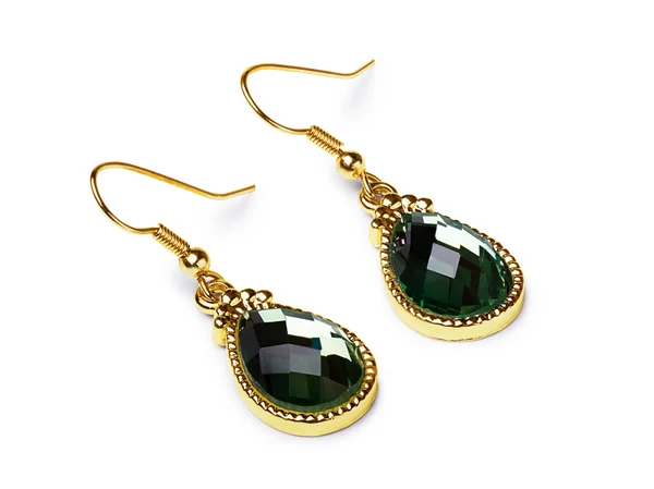 Beautiful gold earrings with emeralds — Stock Photo, Image