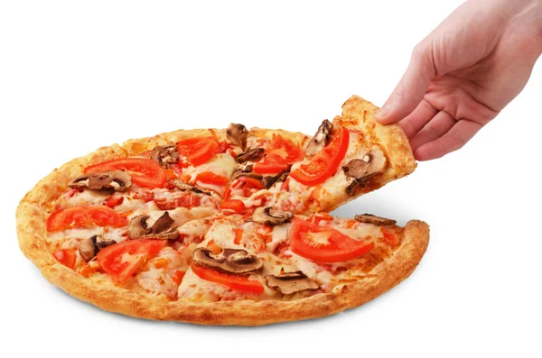 Pizza italiana con mano — Foto de Stock