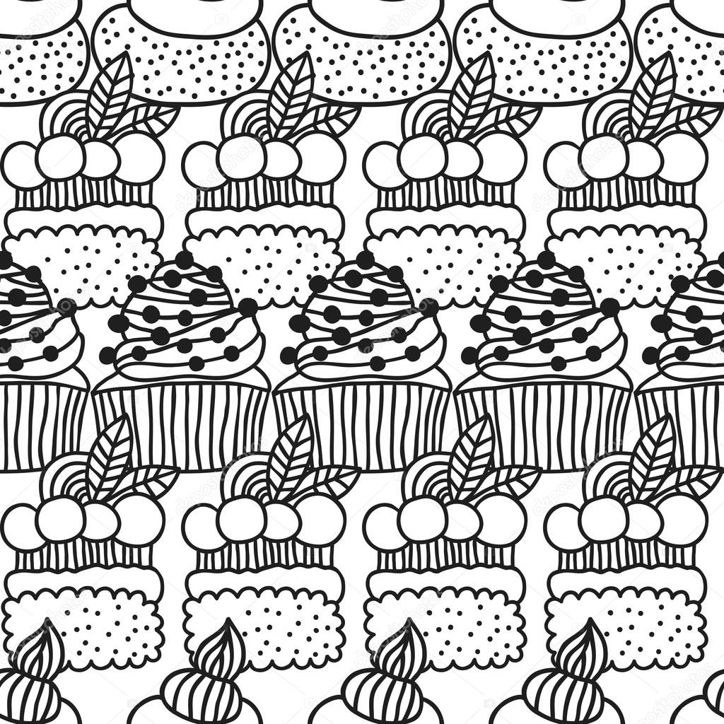 Bianco e nero senza cuciture con torte per libri da colorare — Vettoriale Stock